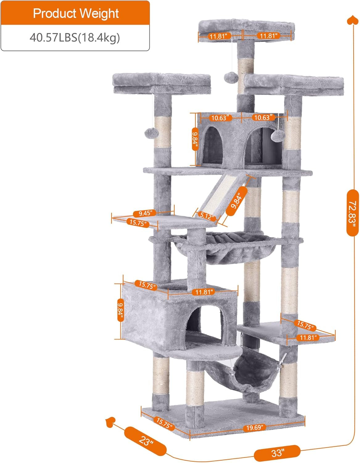 Cat Tree, 73 Inches Tall Cat Tower for Large Cats 20 Lbs Heavy Duty for Indoor Cats,Big Cat Furniture Condo for with Padded Plush Perch, Cozy Basket and Scratching Posts Light Gray HCT030W