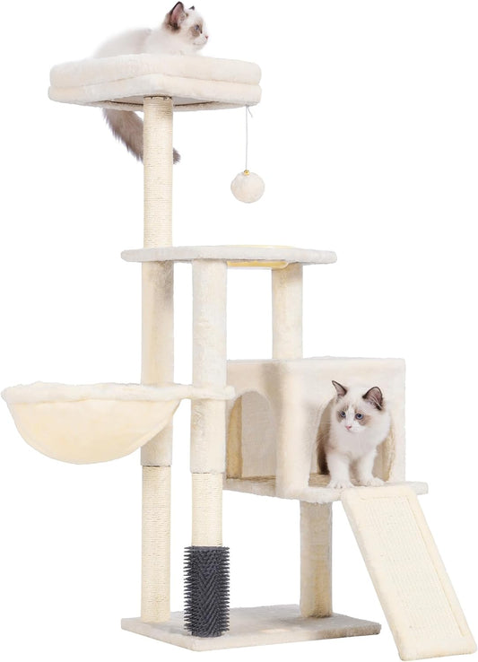 Cat Tree with Cat Self Groomer Brush, Cat Tower Condo for Indoor Cats with Padded Plush Perch, Cat House with Basket Scratching Board Post, Beige HCT005SM
