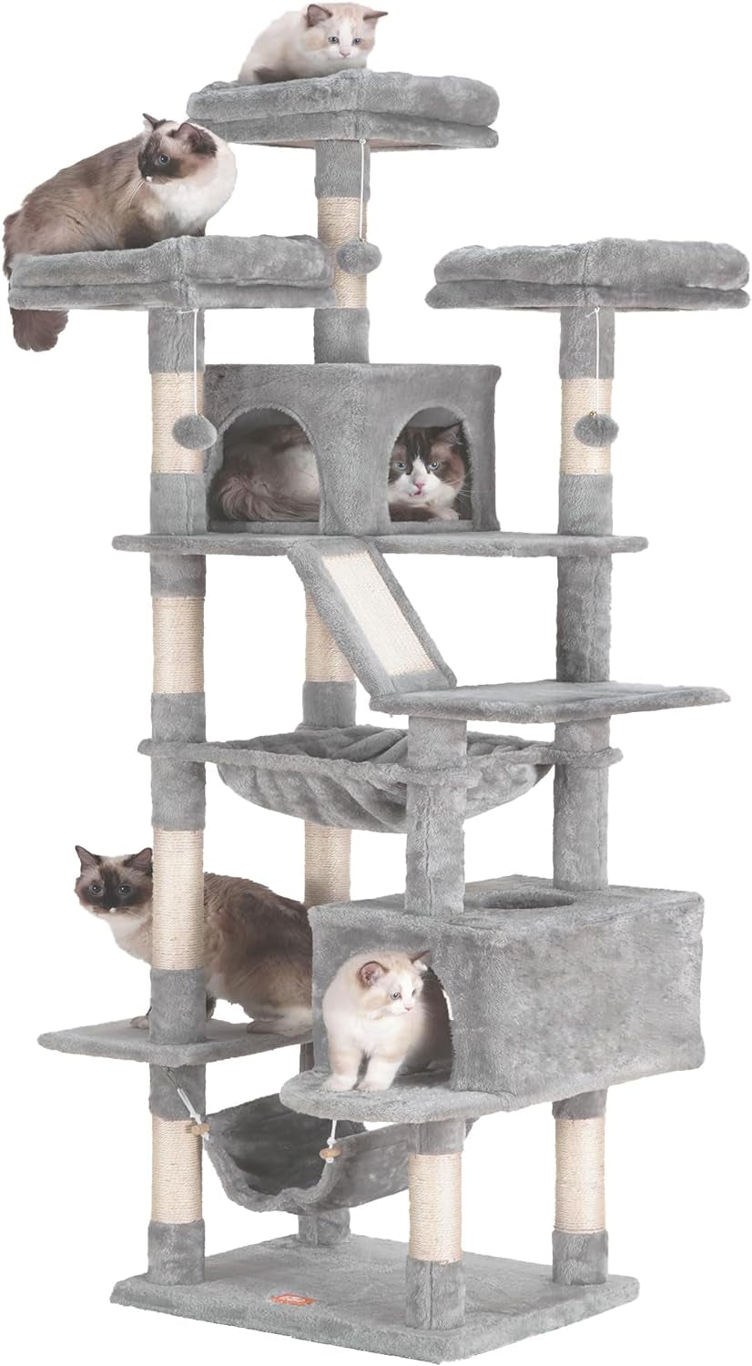 Cat Tree, 73 Inches Tall Cat Tower for Large Cats 20 Lbs Heavy Duty for Indoor Cats,Big Cat Furniture Condo for with Padded Plush Perch, Cozy Basket and Scratching Posts Light Gray HCT030W