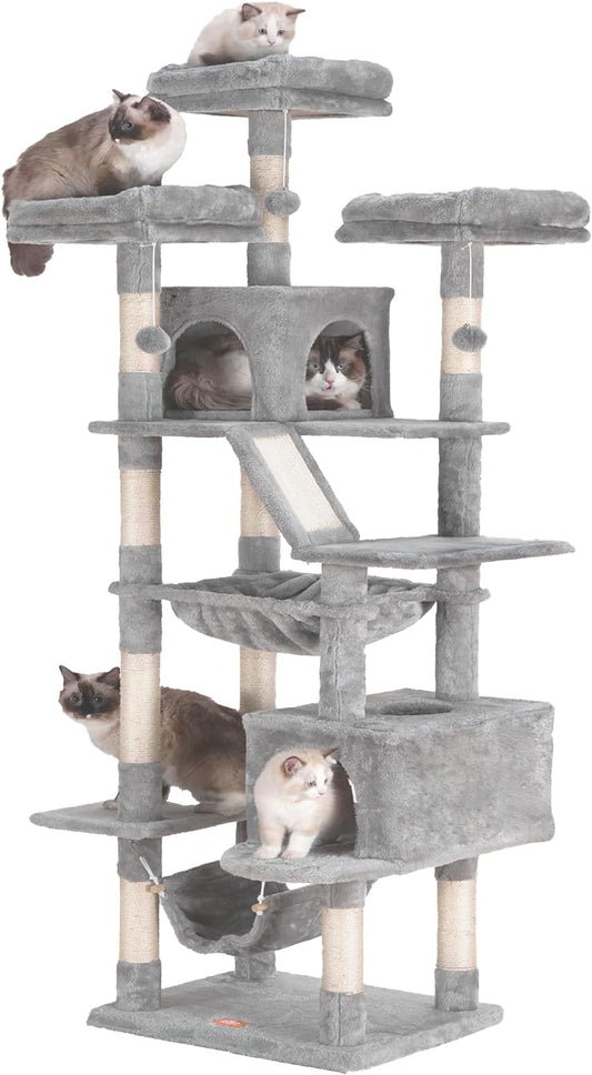 Cat Tree, 73 Inches Tall Cat Tower for Large Cats 20 Lbs Heavy Duty for Indoor Cats,Big Cat Furniture Condo for with Padded Plush Perch, Cozy Basket and Scratching Posts Light Gray HCT030W