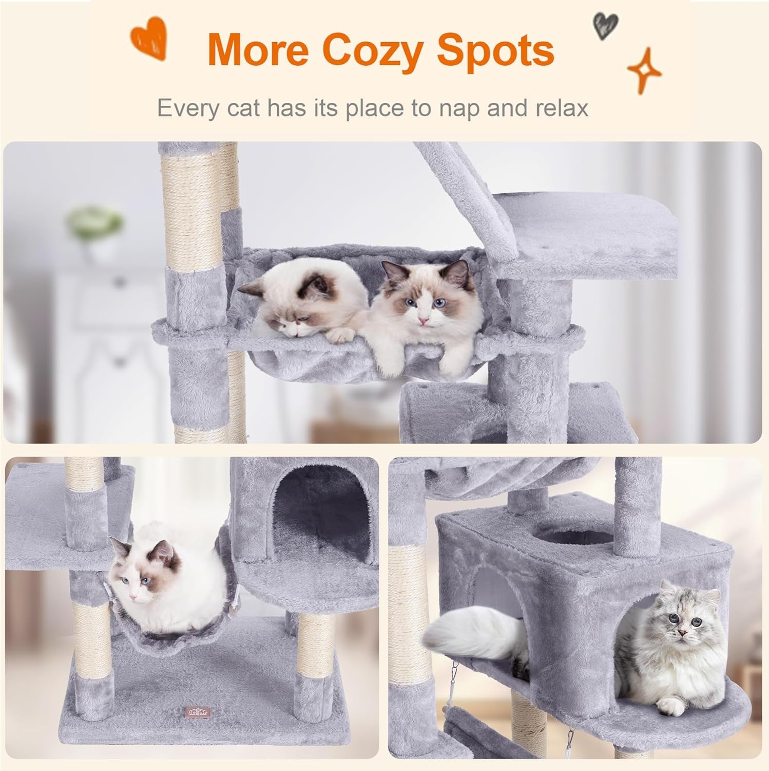 Cat Tree, 73 Inches Tall Cat Tower for Large Cats 20 Lbs Heavy Duty for Indoor Cats,Big Cat Furniture Condo for with Padded Plush Perch, Cozy Basket and Scratching Posts Light Gray HCT030W