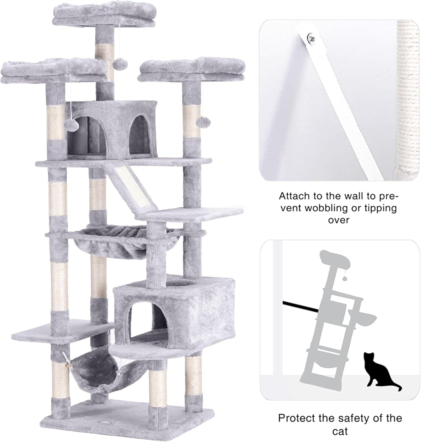 Cat Tree, 73 Inches Tall Cat Tower for Large Cats 20 Lbs Heavy Duty for Indoor Cats,Big Cat Furniture Condo for with Padded Plush Perch, Cozy Basket and Scratching Posts Light Gray HCT030W