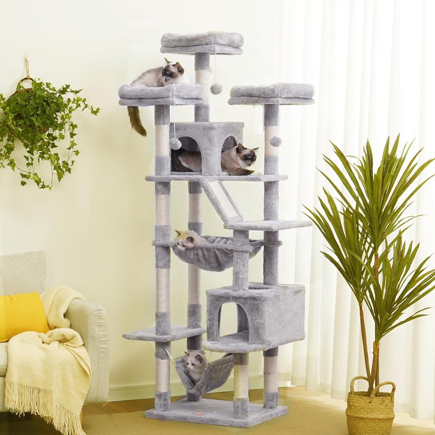 Cat Tree, 73 Inches Tall Cat Tower for Large Cats 20 Lbs Heavy Duty for Indoor Cats,Big Cat Furniture Condo for with Padded Plush Perch, Cozy Basket and Scratching Posts Light Gray HCT030W