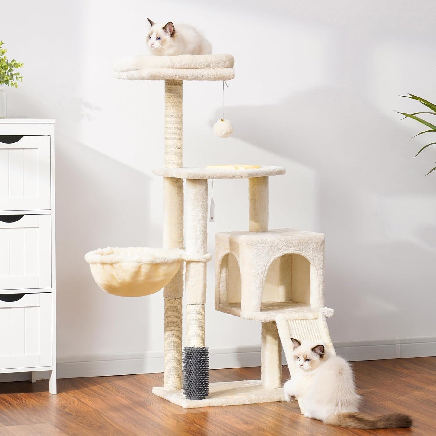 Cat Tree with Cat Self Groomer Brush, Cat Tower Condo for Indoor Cats with Padded Plush Perch, Cat House with Basket Scratching Board Post, Beige HCT005SM