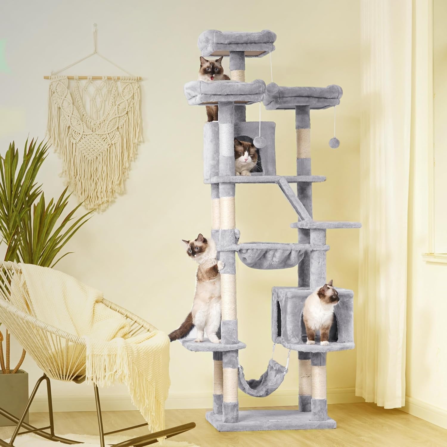 Cat Tree, 73 Inches Tall Cat Tower for Large Cats 20 Lbs Heavy Duty for Indoor Cats,Big Cat Furniture Condo for with Padded Plush Perch, Cozy Basket and Scratching Posts Light Gray HCT030W